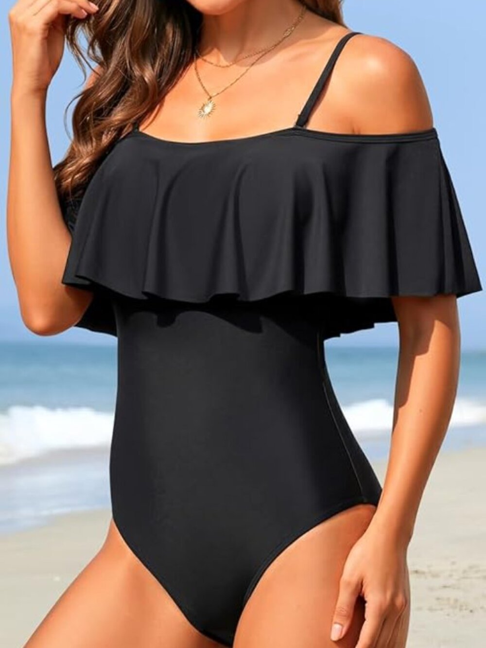 New One Piece Off Shoulder Ruffled Bathing Suit - Picture 2 of 14